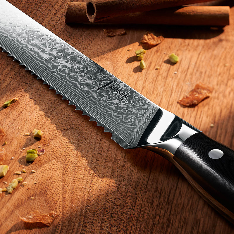 Shogun Damascus Steel Bread Knife Black G10 Military Grade Fiber Handle Senken Knives Logo Closeup Knife