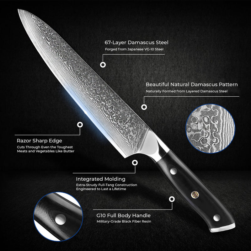 Senken Shogun Japanese Damascus Steel Gyuto Chef Knife G10 Handle Infographic