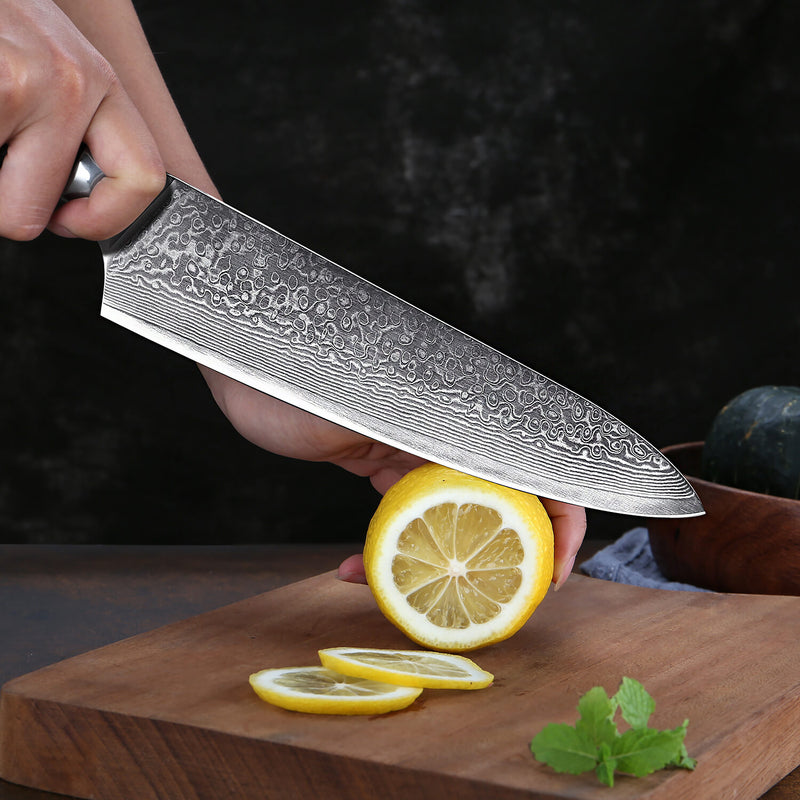 Senken Shogun Japanese Damascus Steel Gyuto Chef Knife G10 Handle Cutting Lemon