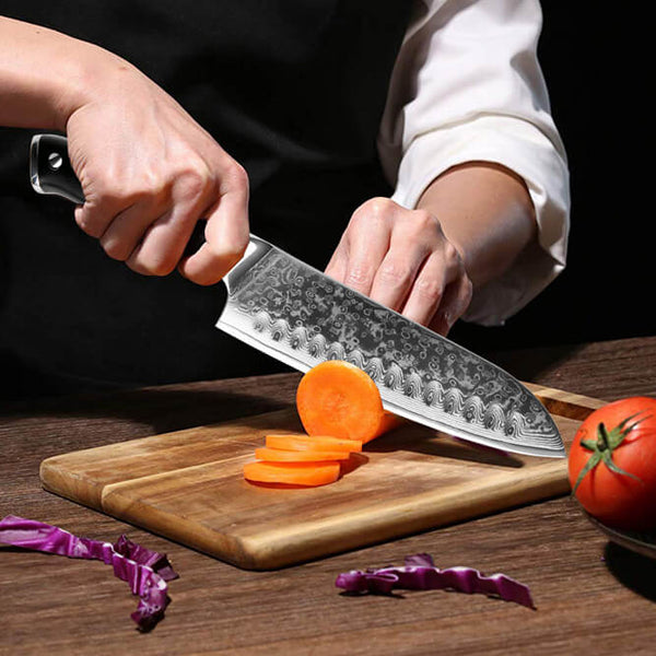 Senken Knives Shogun Japanese Damasucus Steel Santoku Cutting Carrot