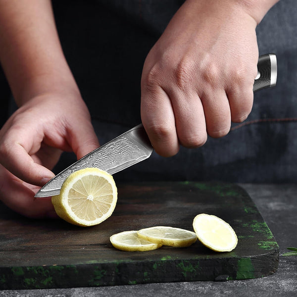 Shogun Damascus Paring Knife Black G10 Handle by Senken Knives Lemon Slices