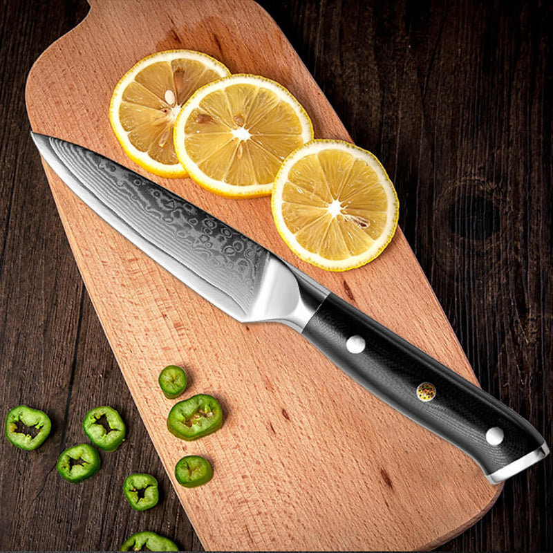 Shogun Damascus Paring Knife Black G10 Handle by Senken Knives Cutting Board Lifestyle