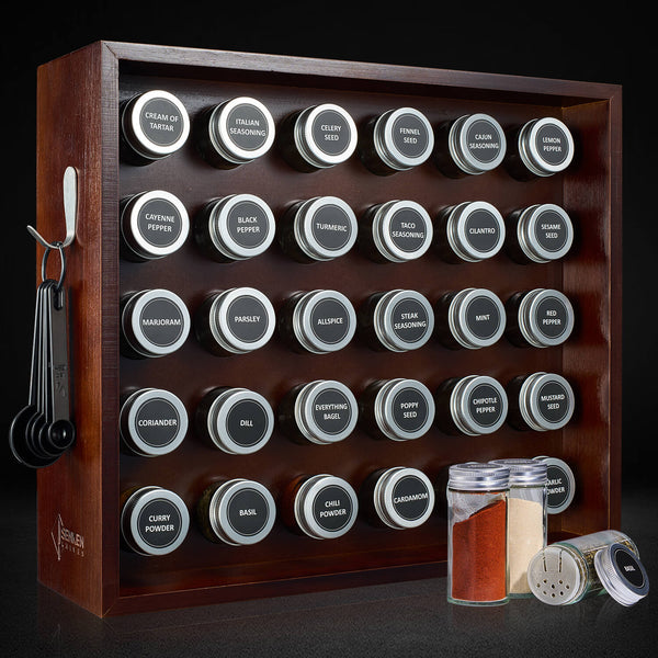Spice Rack Set with 30 Glass Jars, Measuring Spoons, Mahogany Finish