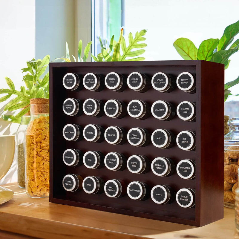 Spice Rack Organizer Set with 30 Glass Spice Jars (Jars, Labels, Measuring Spoons included) - Smooth Mahogany Finish