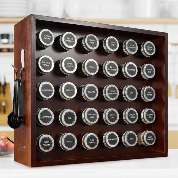 Complete Spice Rack Set with 30 Glass Spice Jars (Jars, Labels, Measuring Spoons included) - Smooth Mahogany Finish