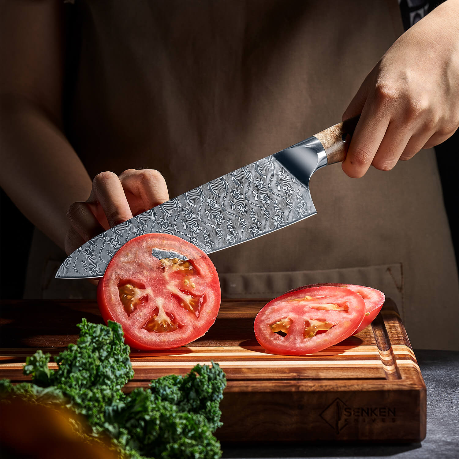 Powder Damascus Steel Chef Knife Cutting Tomato
