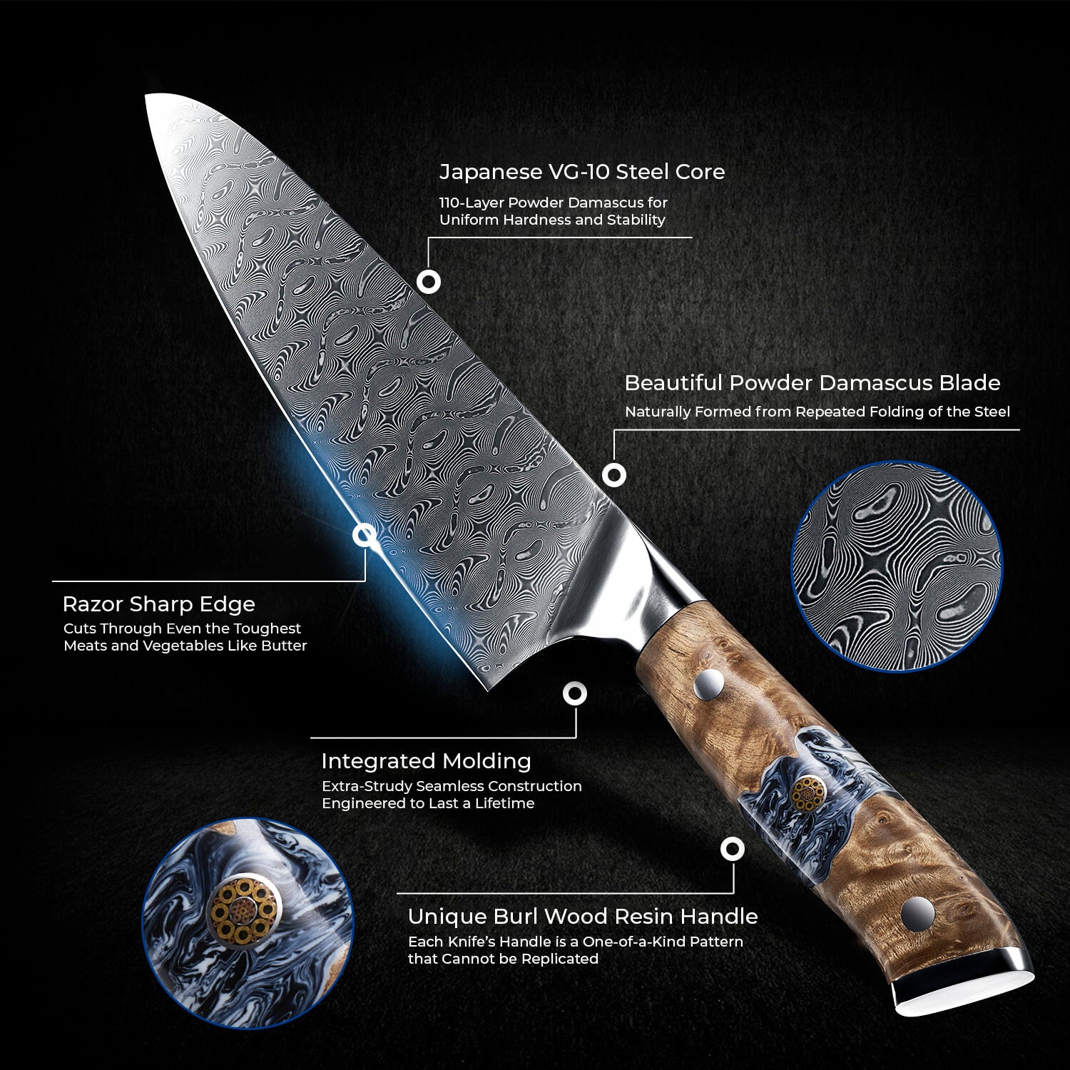 Japanese Chef Knife 110 Layer Powdre Damascus Burl Wood Resin Ocean Blue Pattern