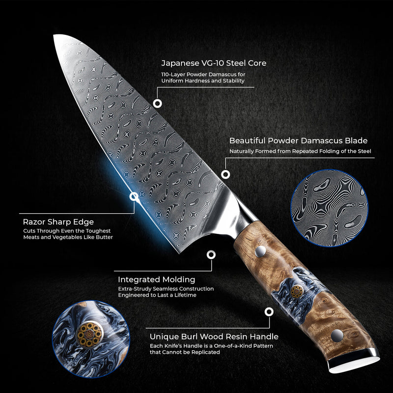 Japanese Chef Knife 110 Layer Powdre Damascus Burl Wood Resin Ocean Blue Pattern