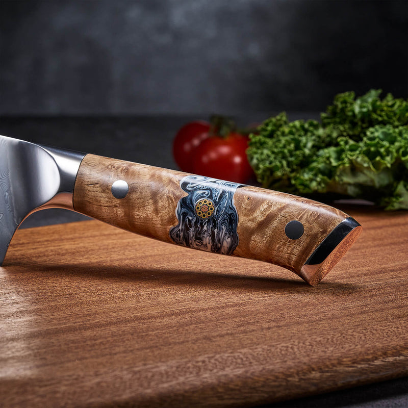 Chef Knife Wood Blue Resin Handle Closeup Tenjin Chef Knife from Senken Knives