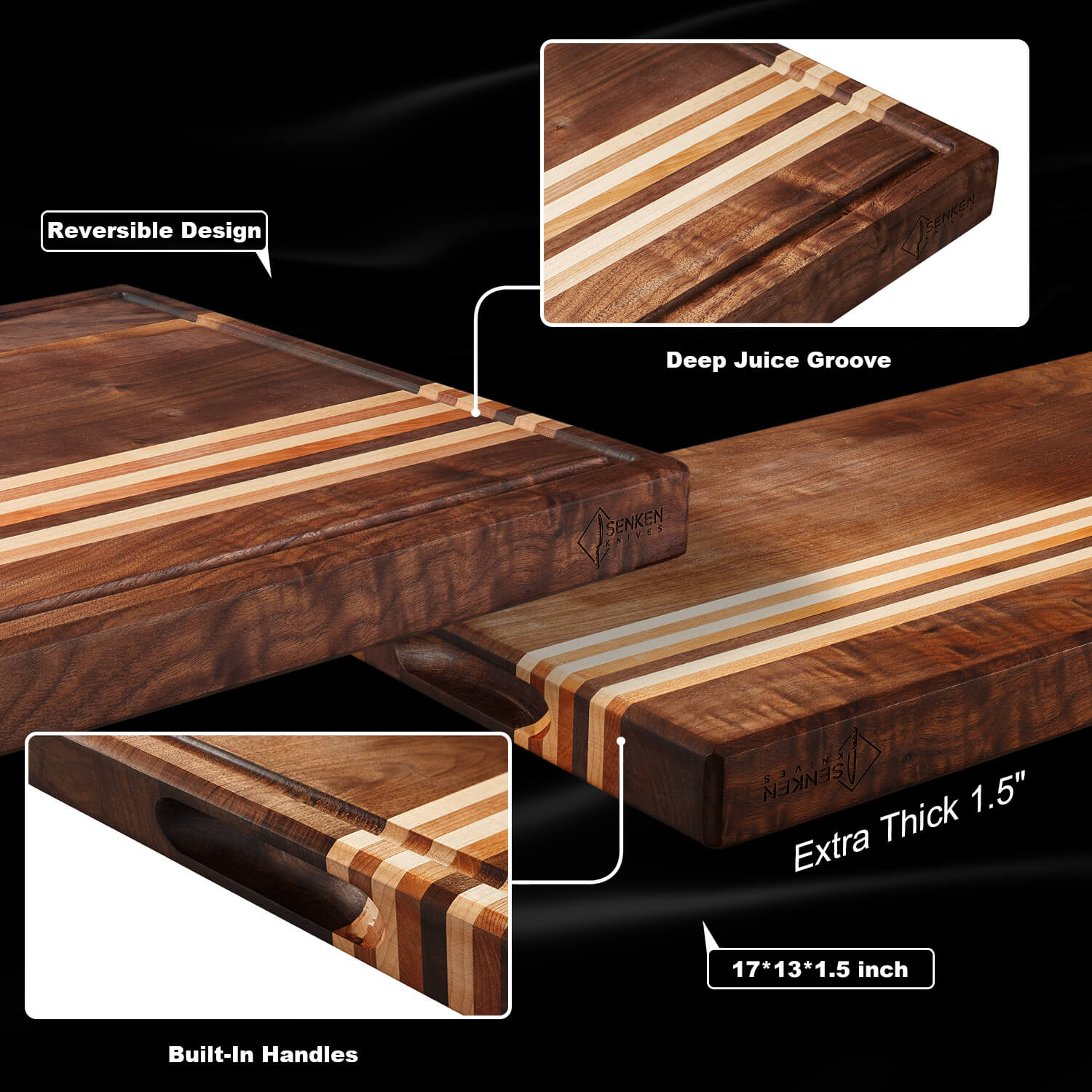 Triple-Wood XL Cutting Board with Handles — Walnut, Cherry & Maple Wood