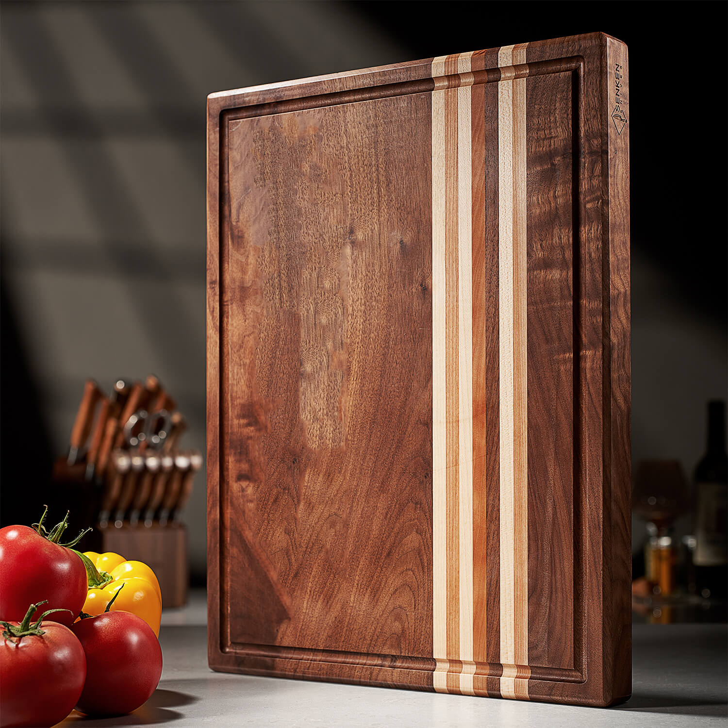 Triple-Wood XL Cutting Board with Handles — Walnut, Cherry & Maple Wood