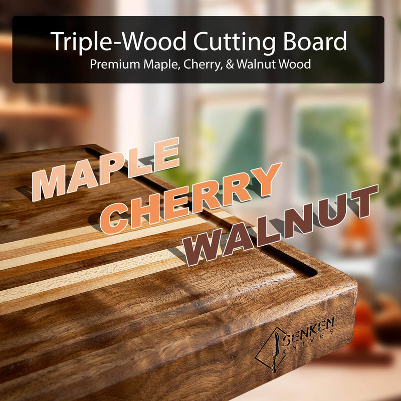 Triple Wood XL Cutting Board with Handles - Walnut, Cherry & Maple