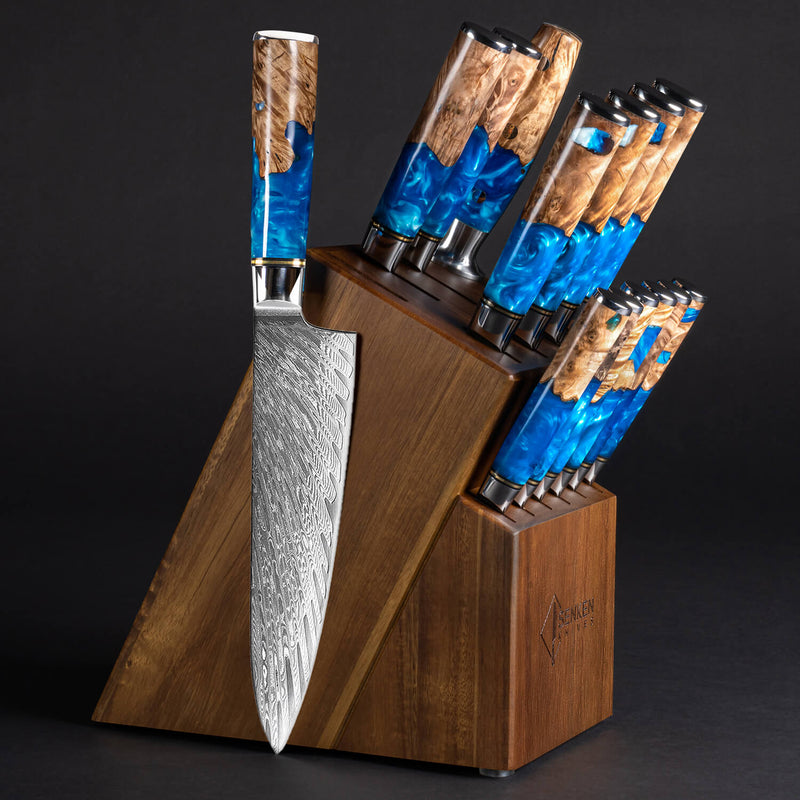Tsunami 15-Piece Japanese Damascus Steel Knife Block Set – Senken