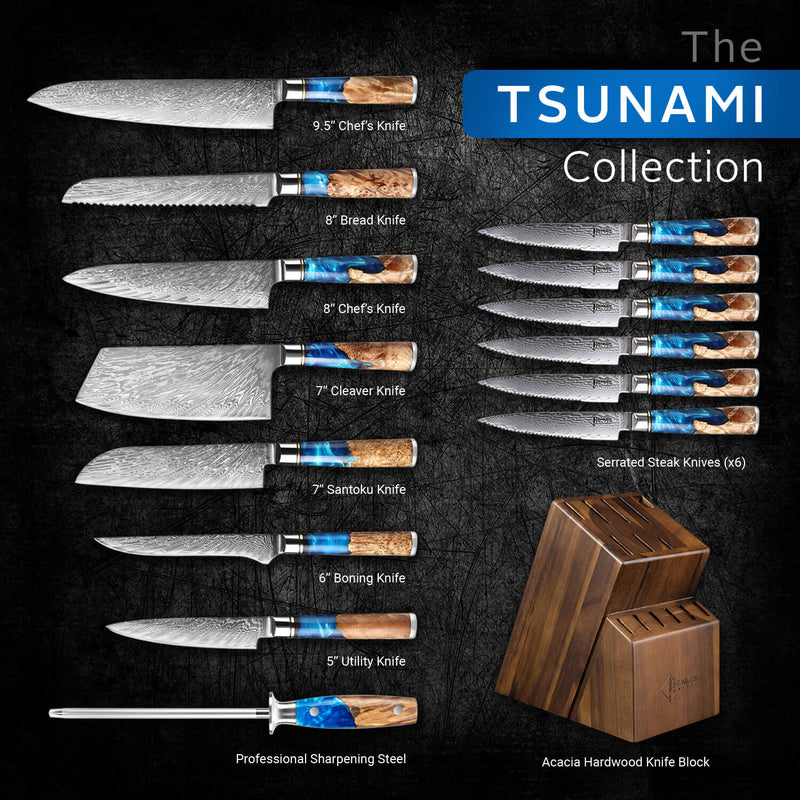 SENKEN Damascus Steak Knife Set - Tsunami Collection - 67-Layer Japanese  VG10 Steel - Razor Sharp Serrated Blades, Blue Resin & Natural Wood Pattern