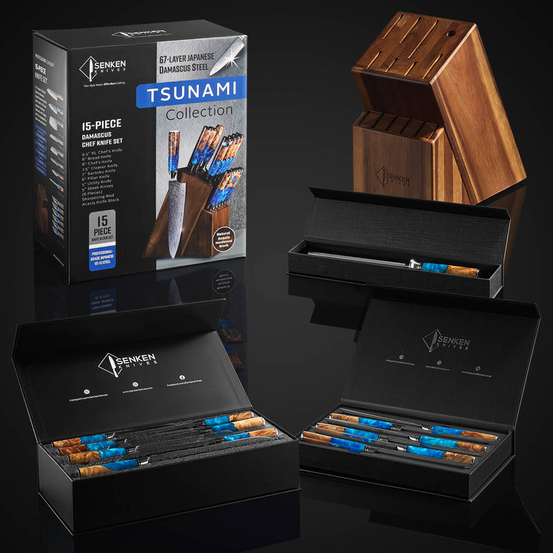 Senken Knives Tsunami Collection packaging and knife set on a black background