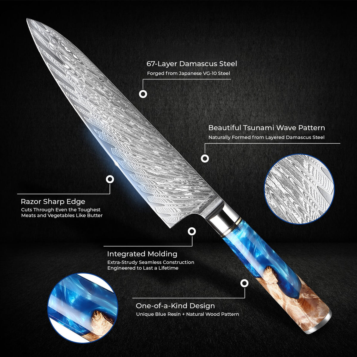 Chef's knife with Damascus steel blade and blue handle on a black background