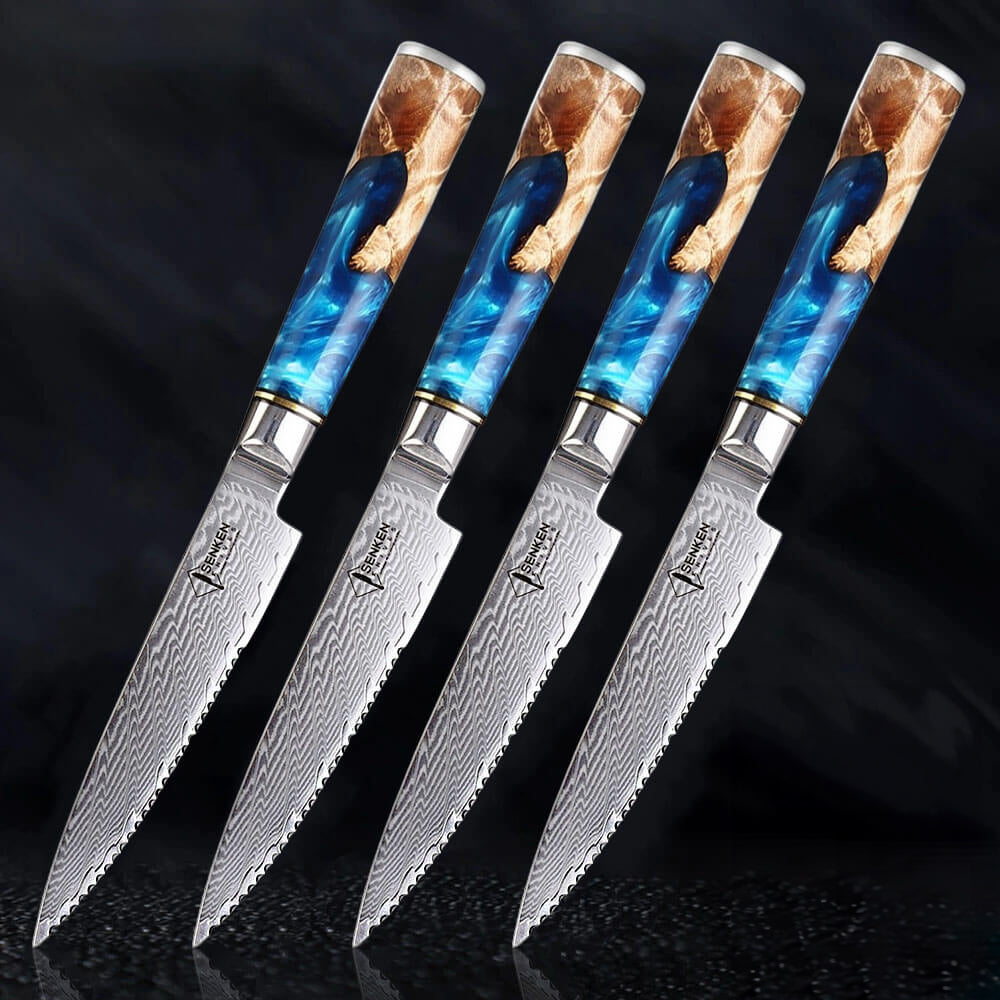 Tsunami Steak Knife Set — Japanese VG10 Damascus Steel with Blue Resin Burl Wood Handles