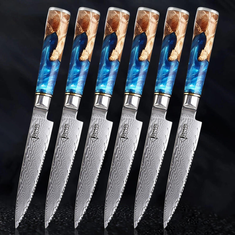 "Tsunami" Japanese VG10 Damascus Steel Steak Knife Set - Blue Resin Burl Wood Handle