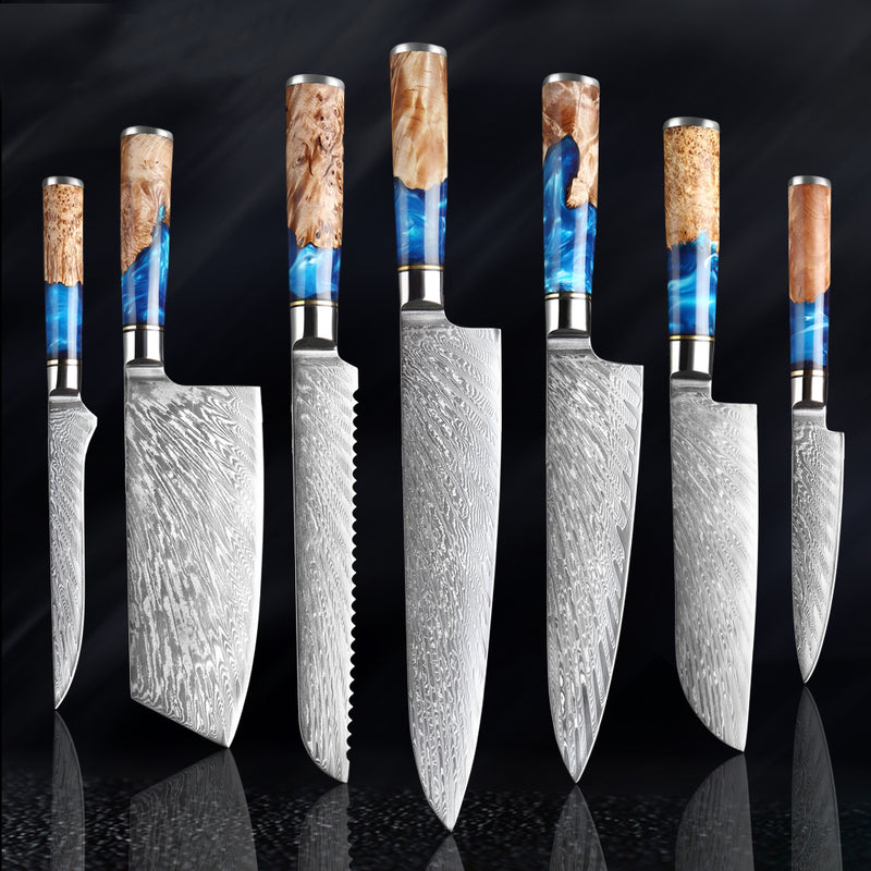 7 Piece Damascus Steel Professional Kitchen Knives Set with
