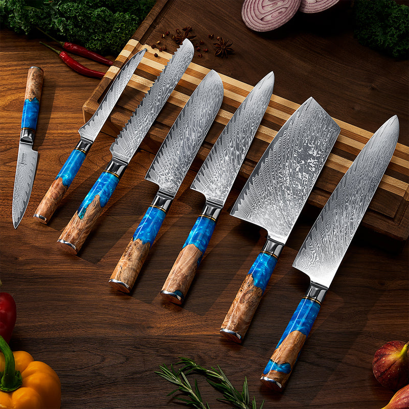 Damascus Steel Kitchen Knife Set - Tsunami Collection - Blue Resin Burl Wood Handles, 67-Layer Damascus Steel Japanese VG10