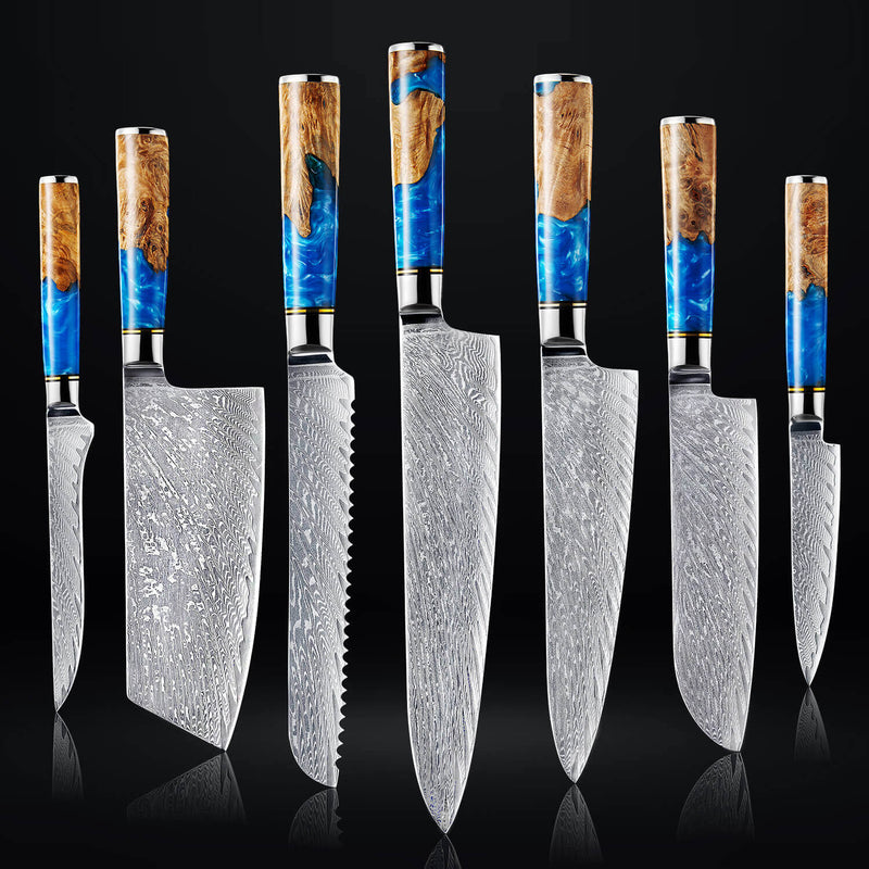 "Tsunami" Collection - Japanese Damascus Steel Knife Set Senken Knives with Blue Resin Handles - 7 Piece Chef Knife Set for Home Kitchen