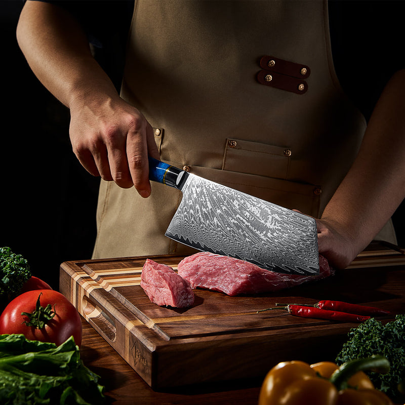 Blue Resin Damascus Cleaver Knife Cutting Raw Meat