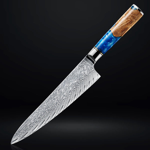 Tsunami Damascus Steel Chef Knife 8 Inch Japanese Steel Natural Wood Blue Resin Handle