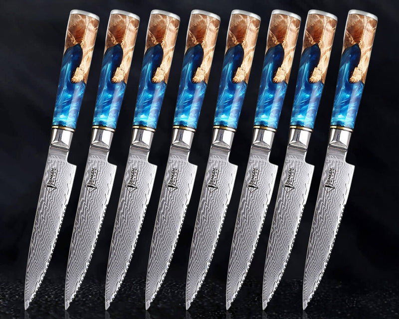 "Tsunami" Japanese VG10 Damascus Steel Steak Knife Set - Blue Resin Burl Wood Handle