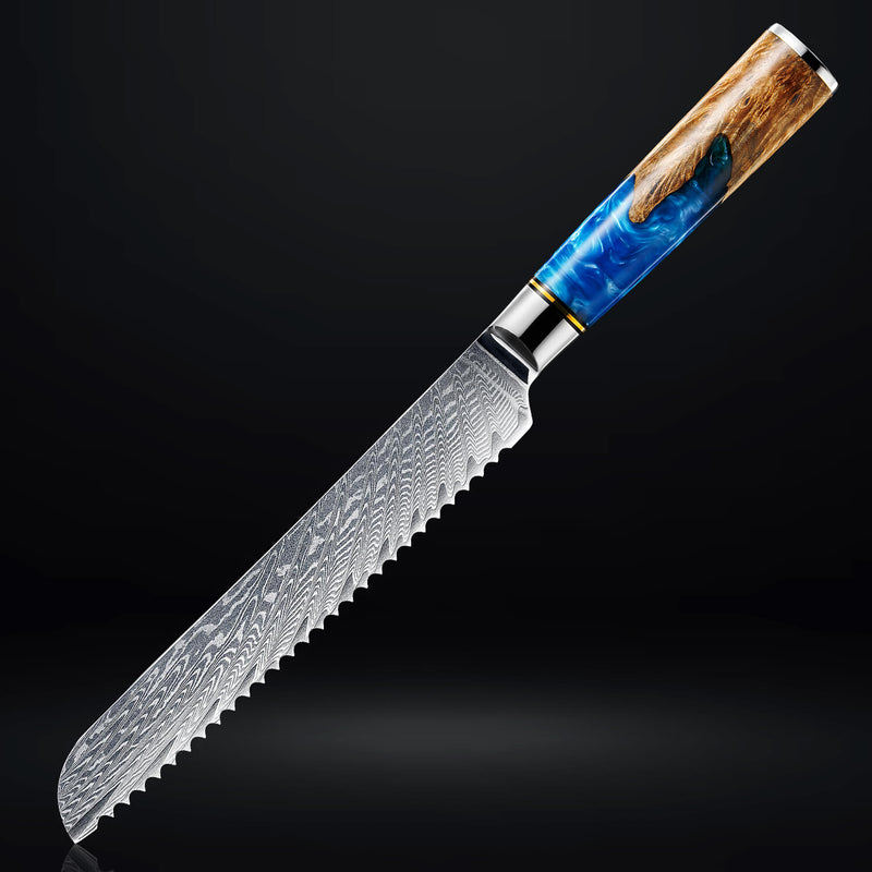 Tsunami Damascus Steel Bread Knife Blue Resin Burl Wood Handle Japanese VG10 67-Layer Steel Serrated