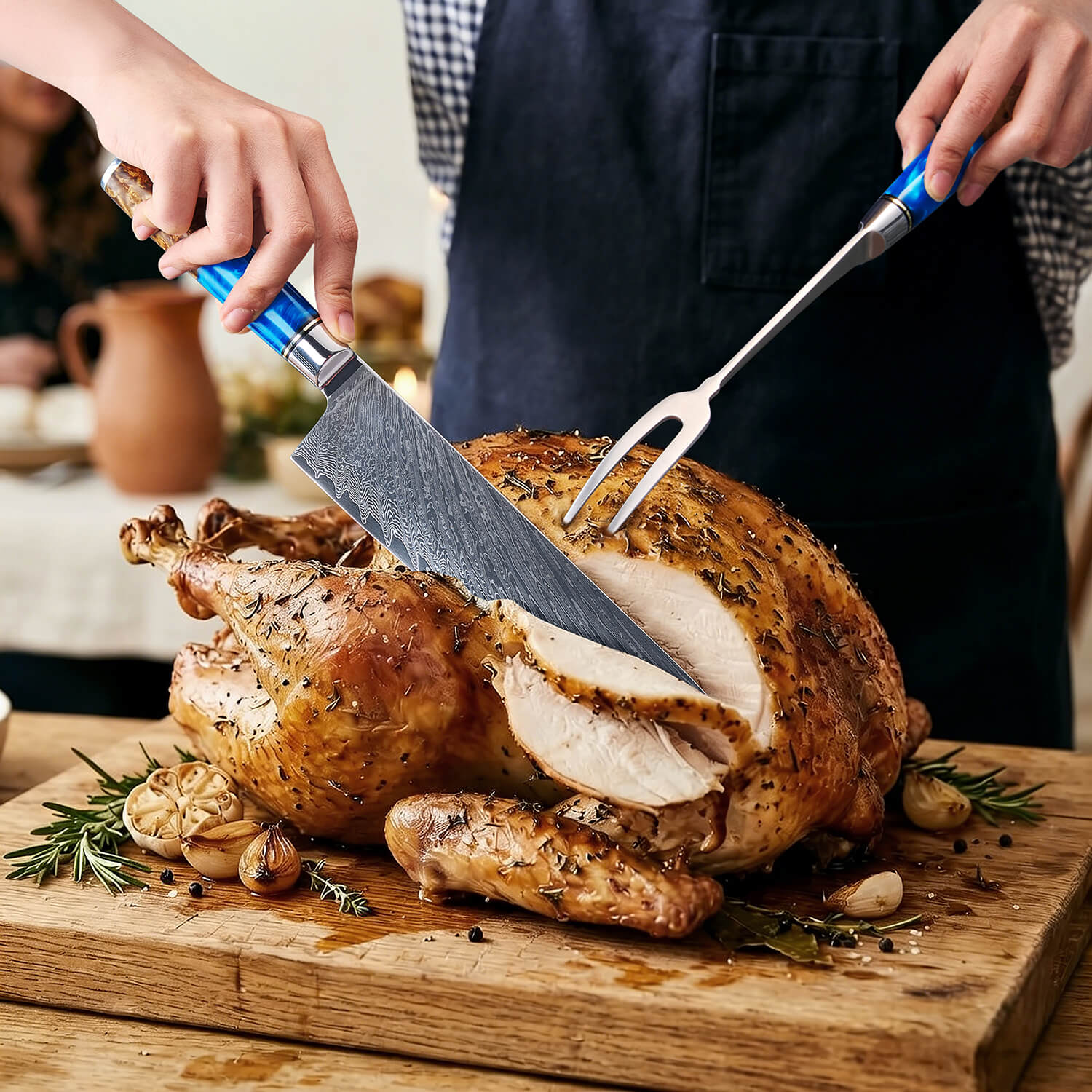 Person carving a roasted chicken on a wooden cutting board with a knife and fork.