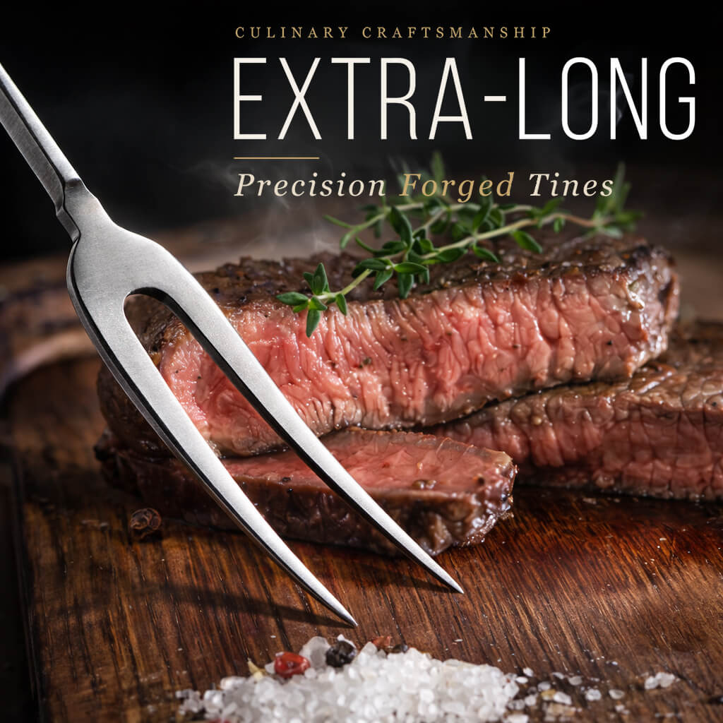 Steak with a carving fork on a wooden surface, with text about 'Extra-Long Precision Forged Tines'.