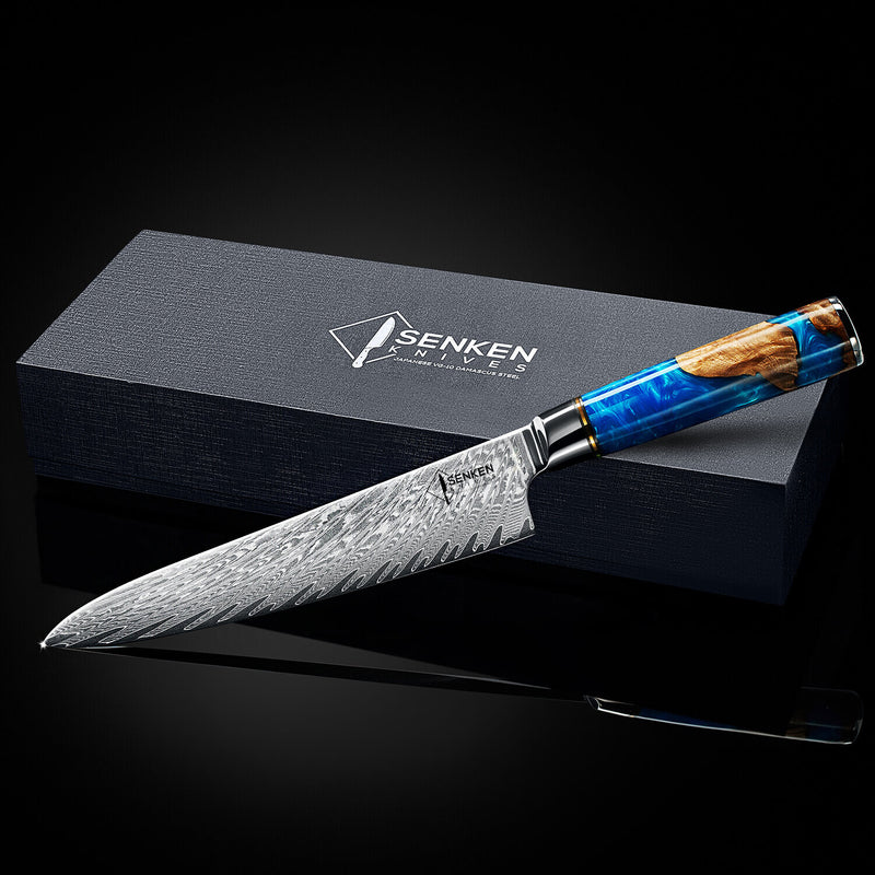 Tsunami 8" Damascus Japanese Chef Knife Blue Resin Handle Gift Box Luxury