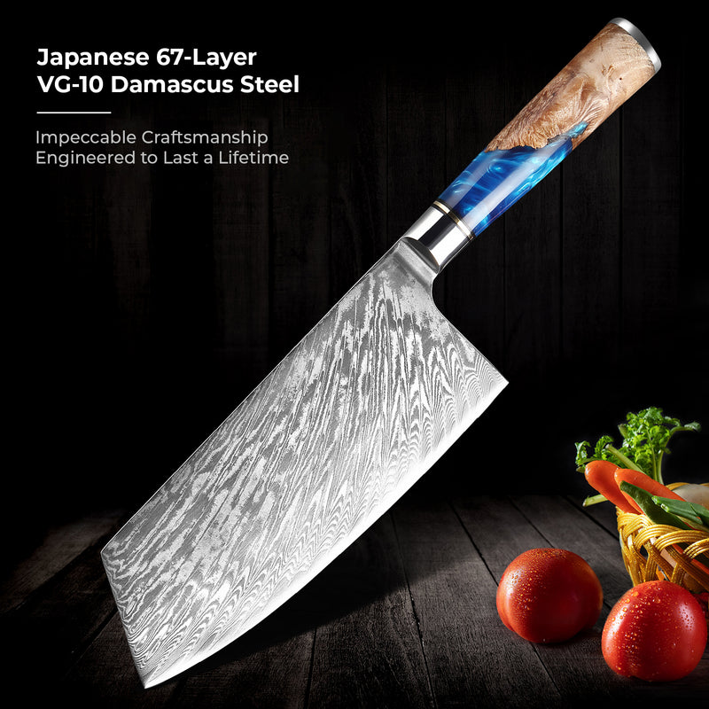 "Tsunami" Damascus Steel XL Cleaver Knife - Japanese VG10 Steel