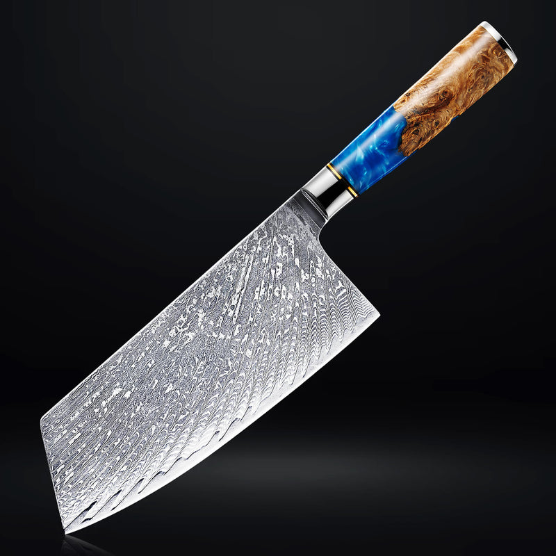 Senken Knives Tsunami Damascus Steel Extra Large Cleaver Knife Blue Resin Handle Japanese VG10 Steel