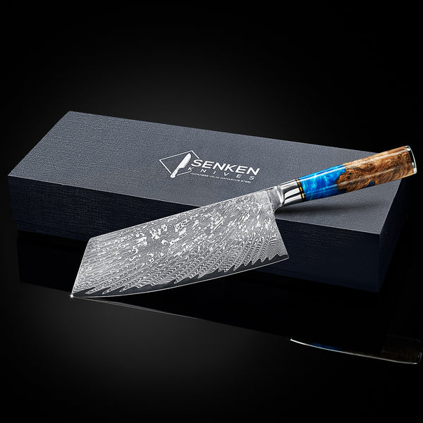 Blue Resin Handle Damascus Cleaver Knife Gift Set with Gift Box