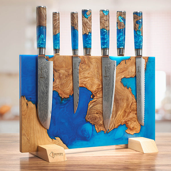 "Tsunami" Extra Large Magnetic Knife Block - Holds Up to 16 Knives - Blue Resin & Natural Wood Blend