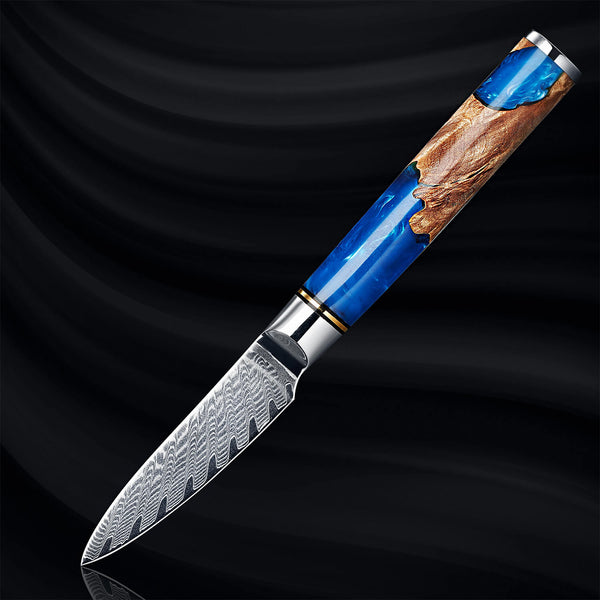 Tsunami 3.5" Paring Knife Damascus Steel Blue Resin Wood Handle Senken Knives