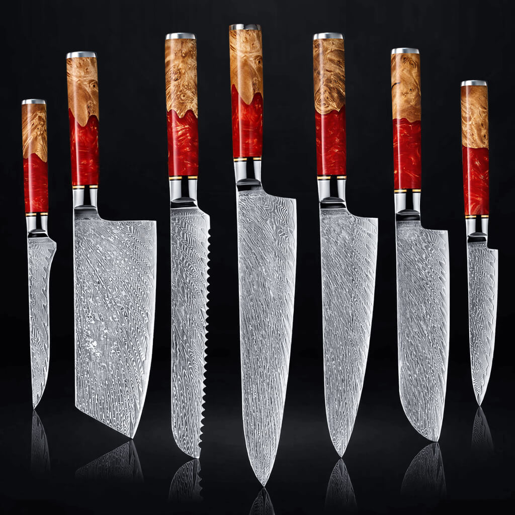Tsunami Red Resin Damascus Knife Set Senken Knives Dark BG
