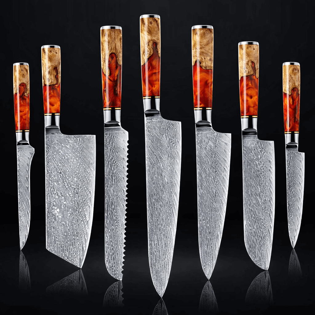 Tsunami Red Resin Damascus Knife Set Senken Knives Dark BG
