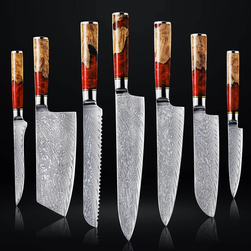 Tsunami Red Resin Damascus Knife Set Senken Knives Dark BG