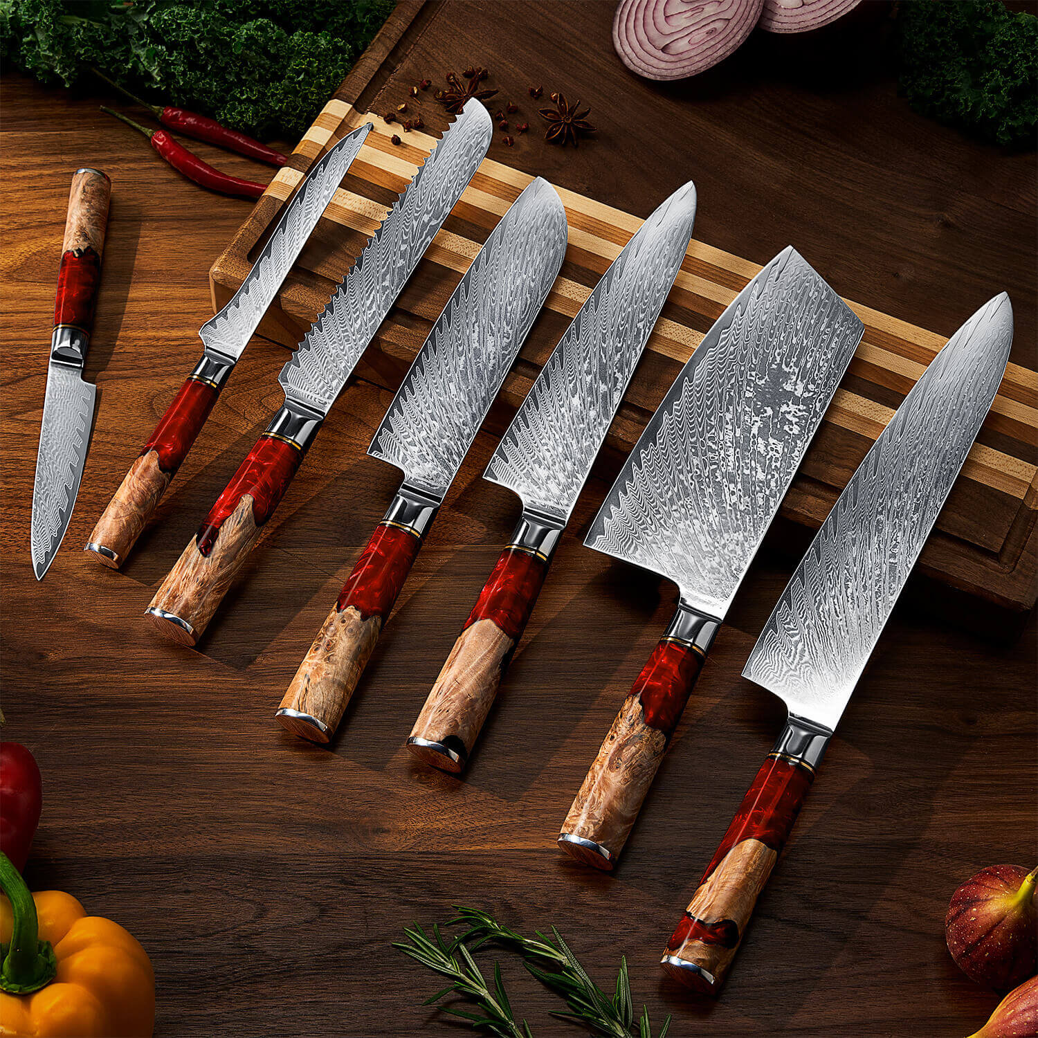 Tsunami Red Resin Damascus Knife Set Senken Knives Kitchen Lifestyle