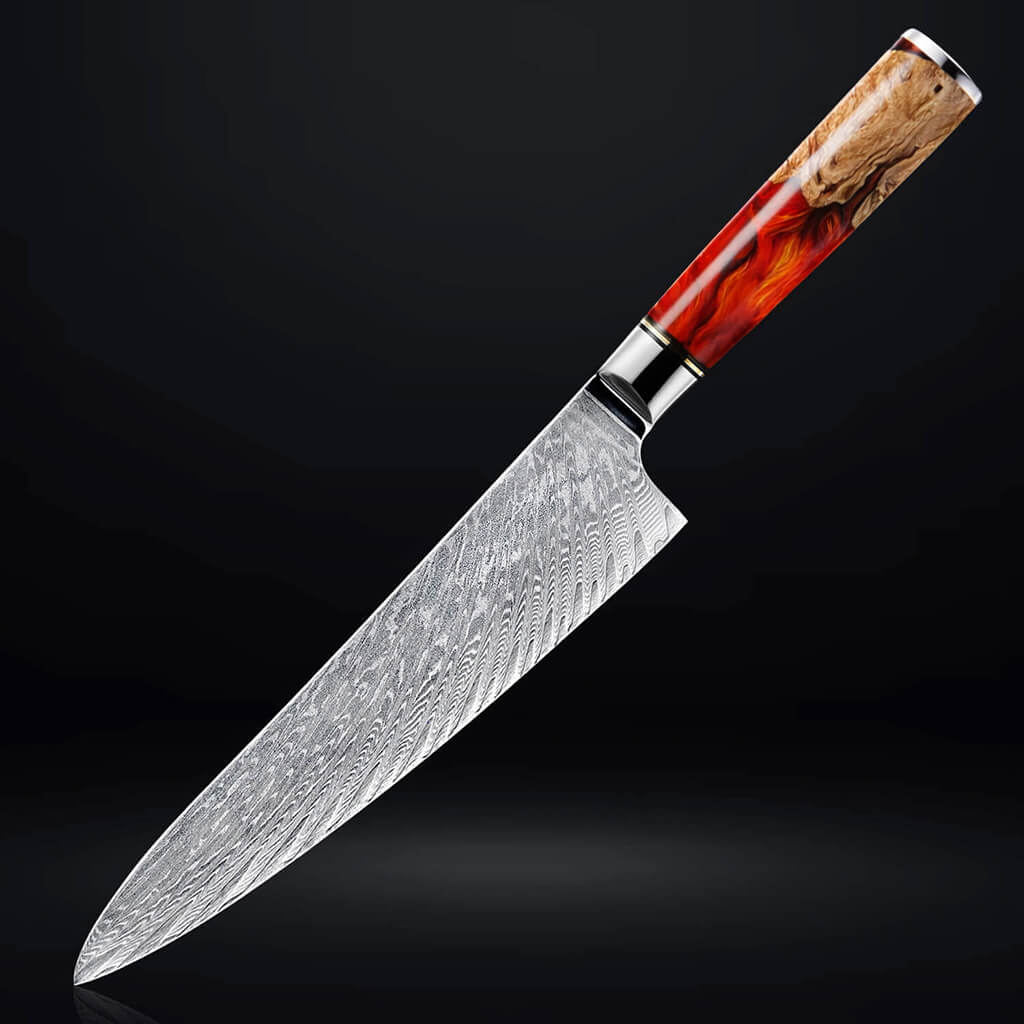Senken Tsunami 8-inch Damascus steel chef knife with red resin and burl wood handle on dark background