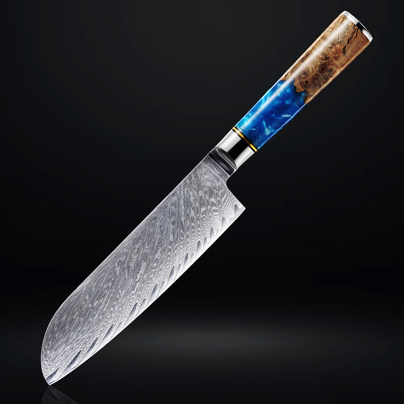 Tsunami Damascus Santoku Knife 7" Senken Knives Blue Resin Handle Japanese VG10 Steel