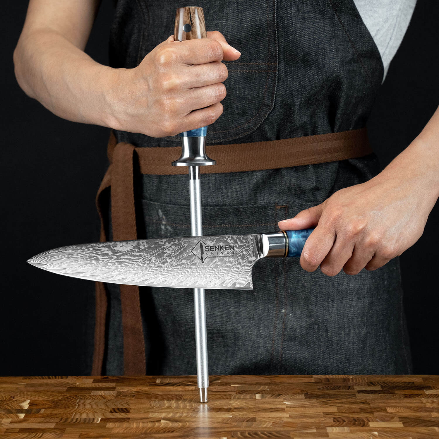 Tsunami Emery Sharpening Steel with Blue Resin Handle by Senken Knives Product Use