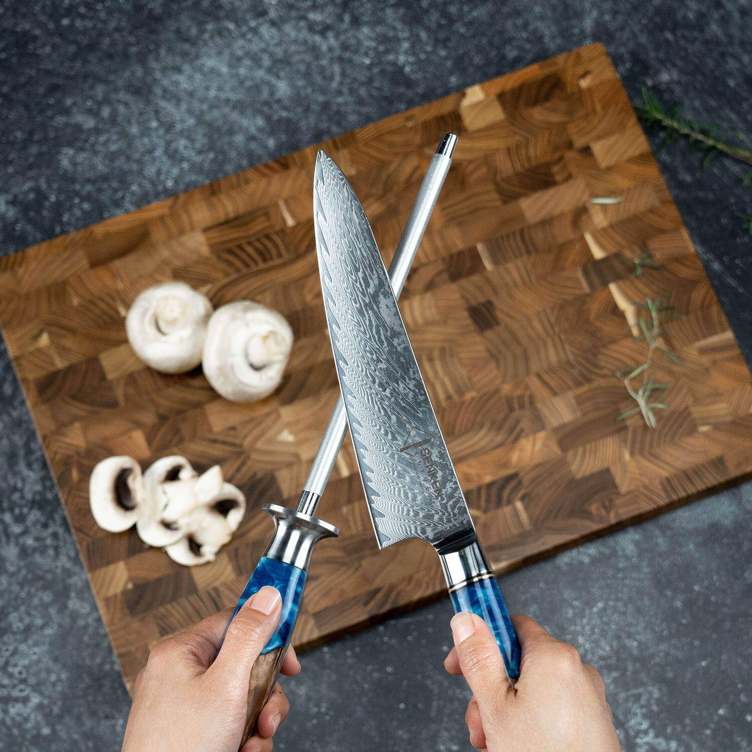 Tsunami Emery Sharpening Steel with Blue Resin Handle by Senken Knives Product Use #2