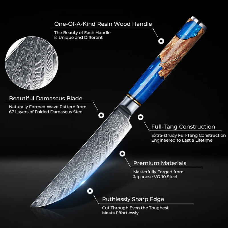 Tsunami Steak Knife Damascus Japanese VG10 Steel Blue Resin Handle Specs