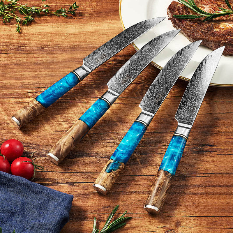 Damascus Steel Non-Serrated Steak Knives Tsunami Collection Blue Resin Handles Set of 4 in Kitchen