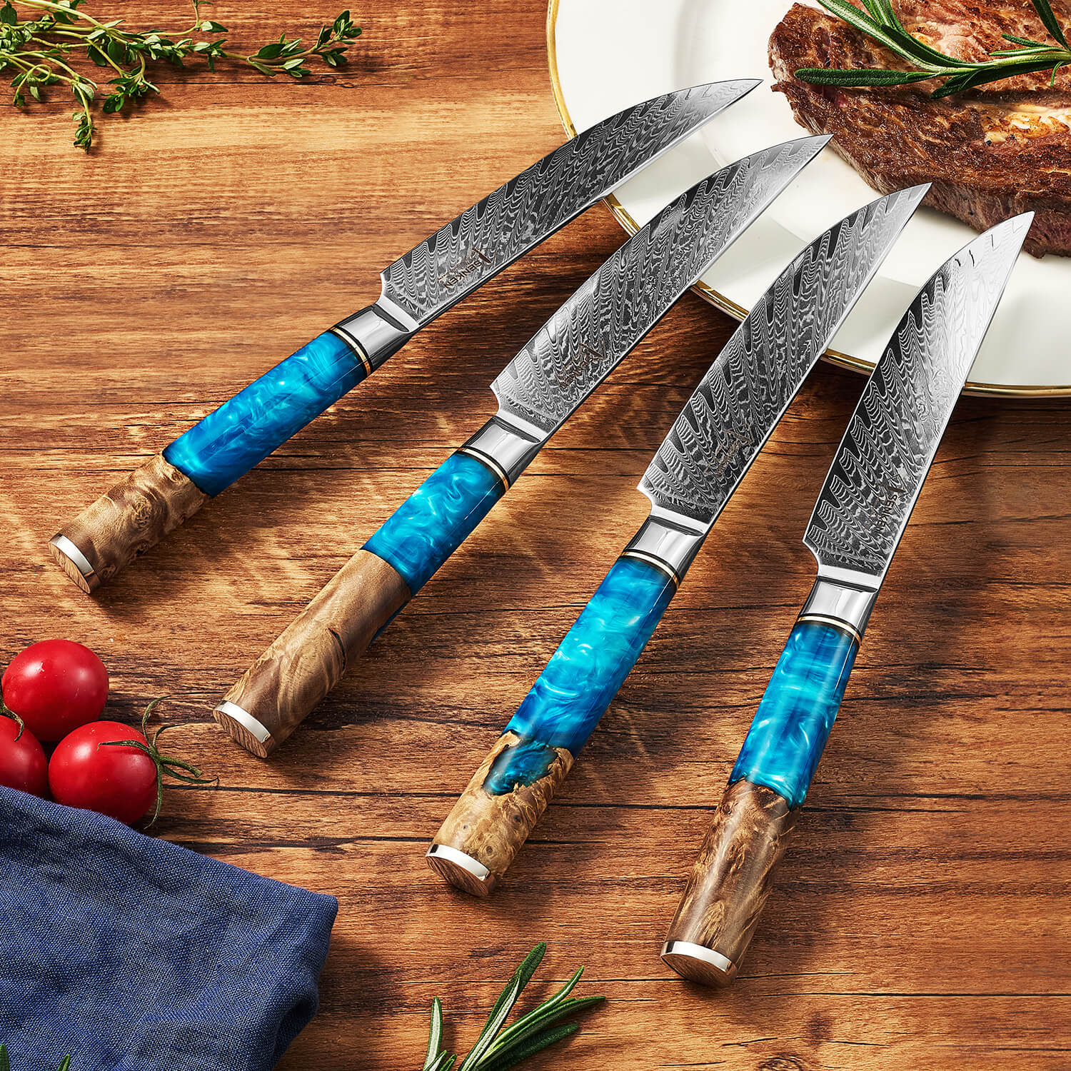 Tsunami 15-Piece Japanese VG10 Damascus Knife Block Set — with Blue Resin Burl Wood Handles