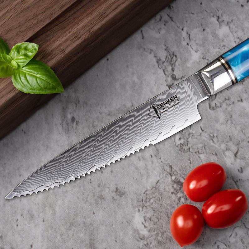 Tsunami Japanese Damascus Steak Knife Set Senken Knives Serrated Blade Closeup