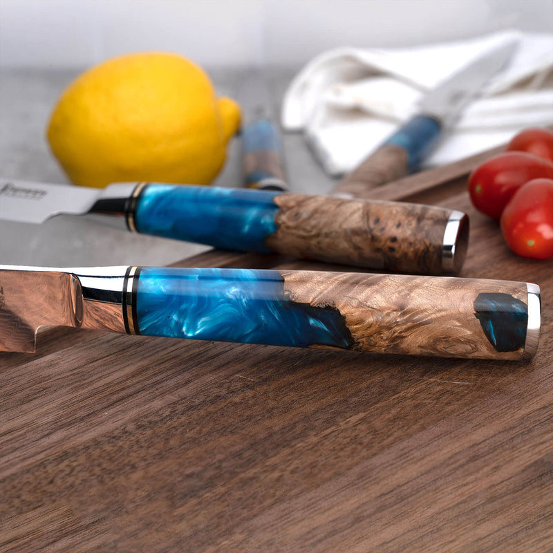 Tsunami Japanese Damascus Steak Knife Set Senken Knives Blue Resin Wood Handle Closeup